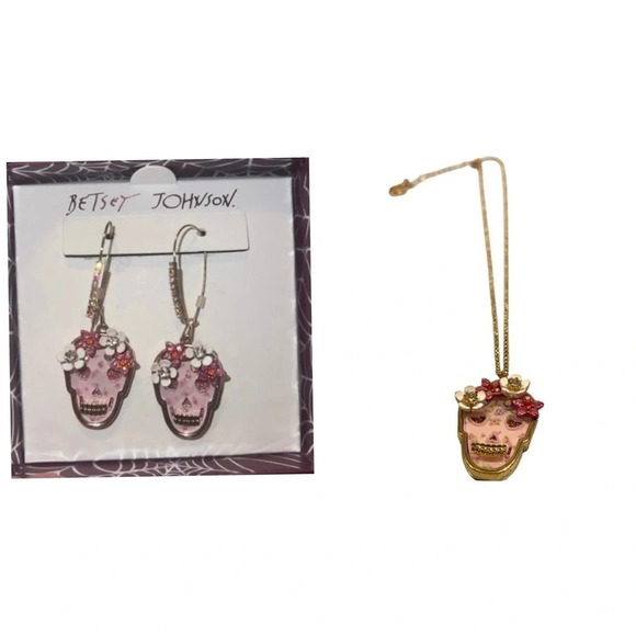 BETSEY JOHNSON SET Sugar Skull Mexican Day of the Dead Earrings & Necklace NWT - Picture 1 of 7